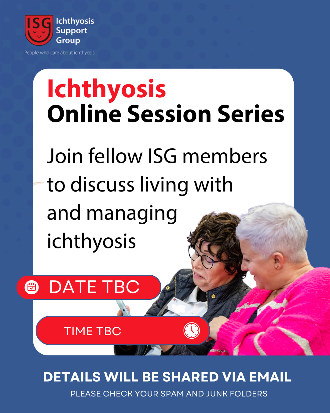 two women smiling and talking title ichthyosis online session series